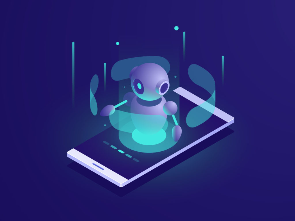 Artificial Intelligence, isometric ai robot on mobile phone screen, chatbot app vector neon dark