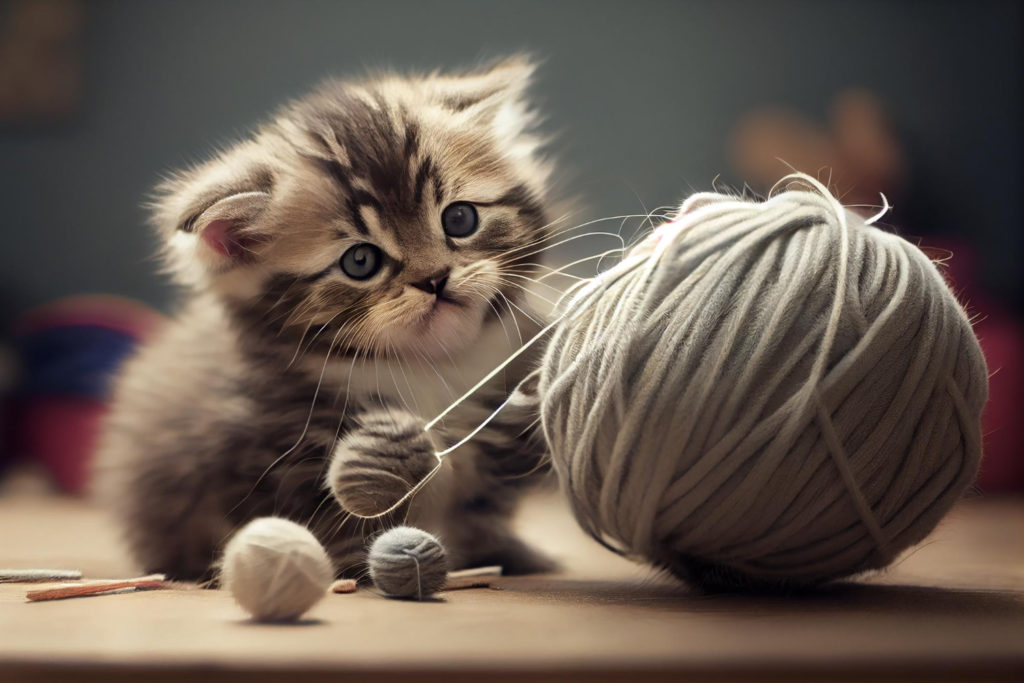 cat playing with a ball of yarn.