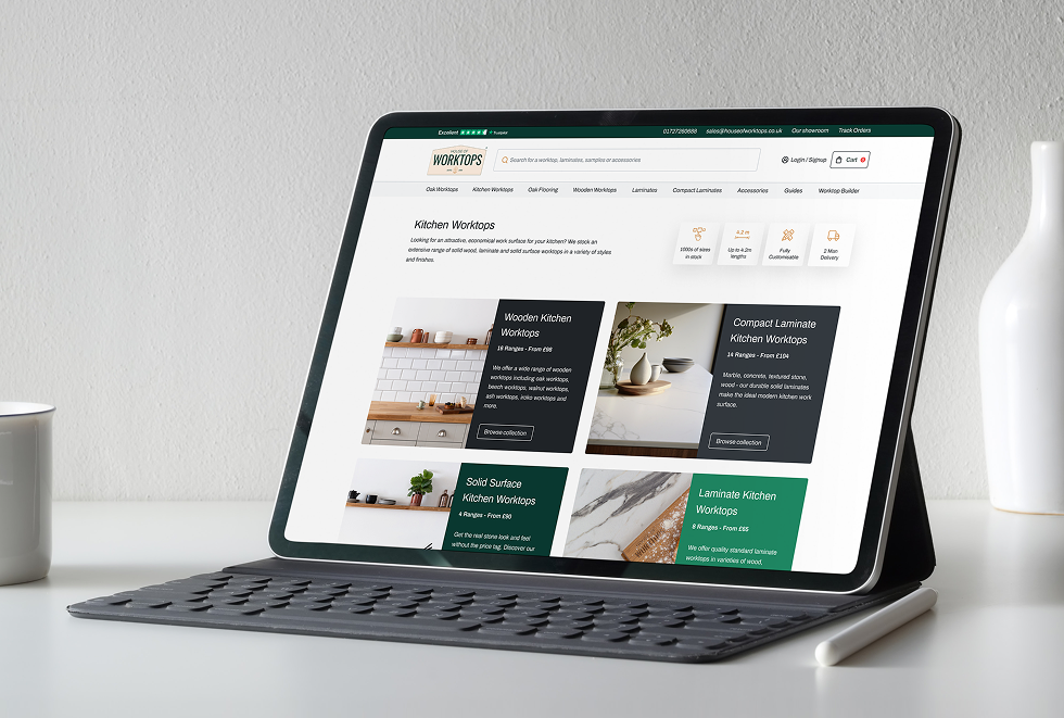A modern kitchen design website showcasing various stylish kitchen layouts and decor ideas.