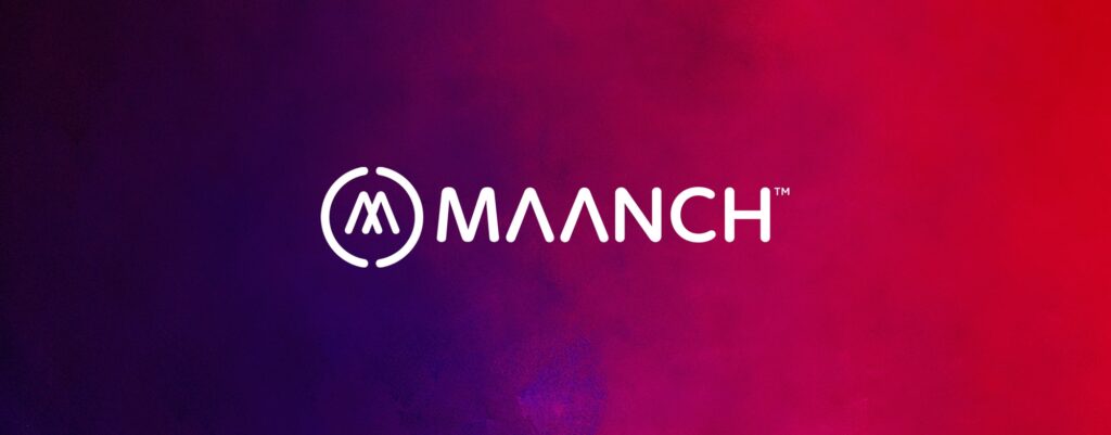The Maanch logo set against a striking red and blue backdrop.